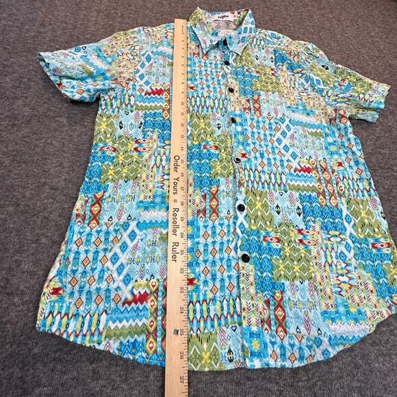 Vatpove Shirt Womens Medium Green Blue Aztec Madras Coastal Country Vacation - Picture 3 of 9